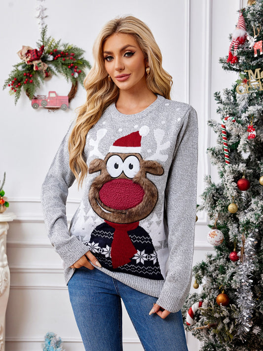 Reindeer Round Neck Long Sleeve Sweater